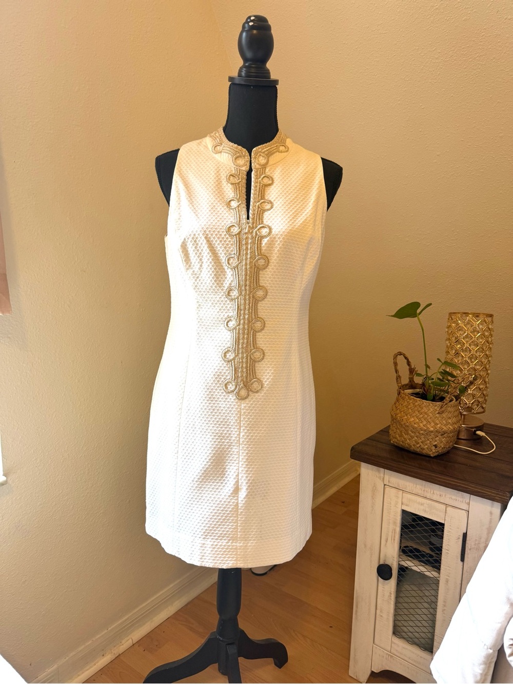 Lilly Pulitzer White Sleeveless Shift Dress with Gold Embroidered Trim